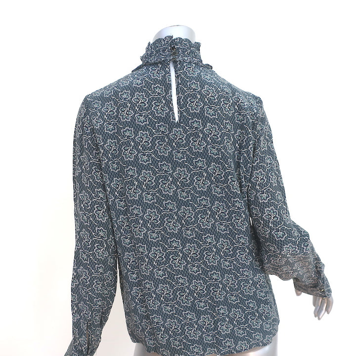 Vanessa Bruno Blouse Navy/Sage Floral Print Silk-Blend Size 38 Long Sleeve Top