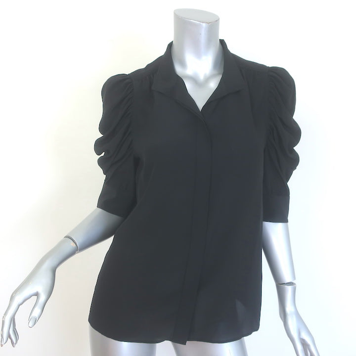 FRAME Gillian Puff Sleeve Blouse Black Silk Size Small Button Down Top