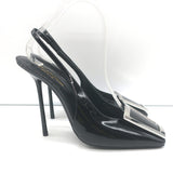 Saint Laurent Pablo Buckle Slingback Pumps Black Patent Leather Size 38.5 NEW