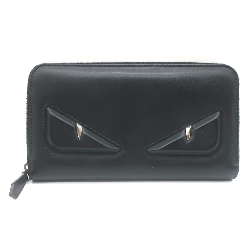 Fendi Embossed Monster Eyes Zip-Around Wallet Black Leather