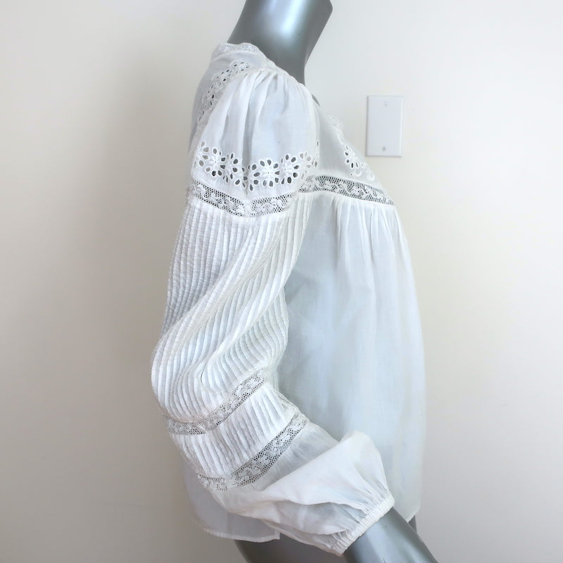 LoveShackFancy Blouse Badyn White Lace-Trim Cotton Size Medium Long Sleeve Top