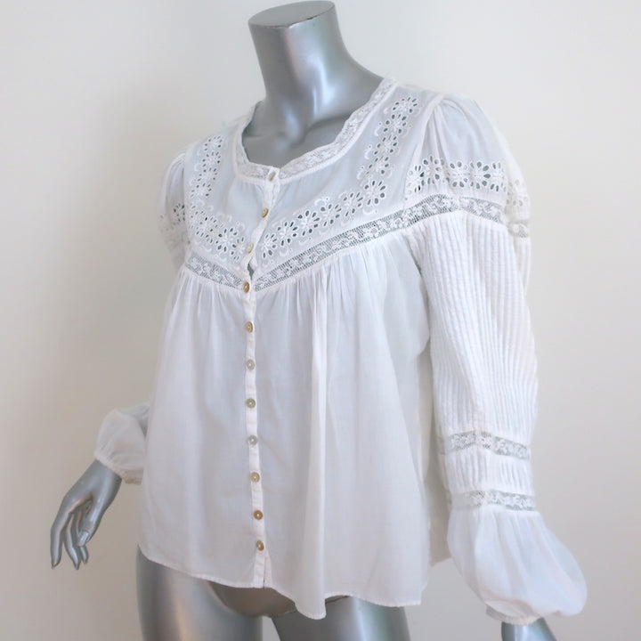 LoveShackFancy Blouse Badyn White Lace-Trim Cotton Size Medium Long Sleeve Top