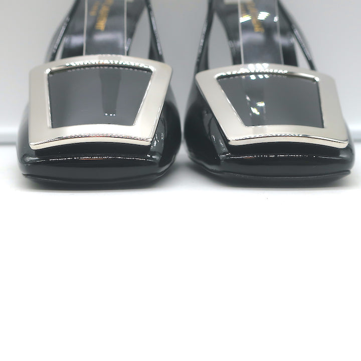 Saint Laurent Pablo Buckle Slingback Pumps Black Patent Leather Size 38.5 NEW