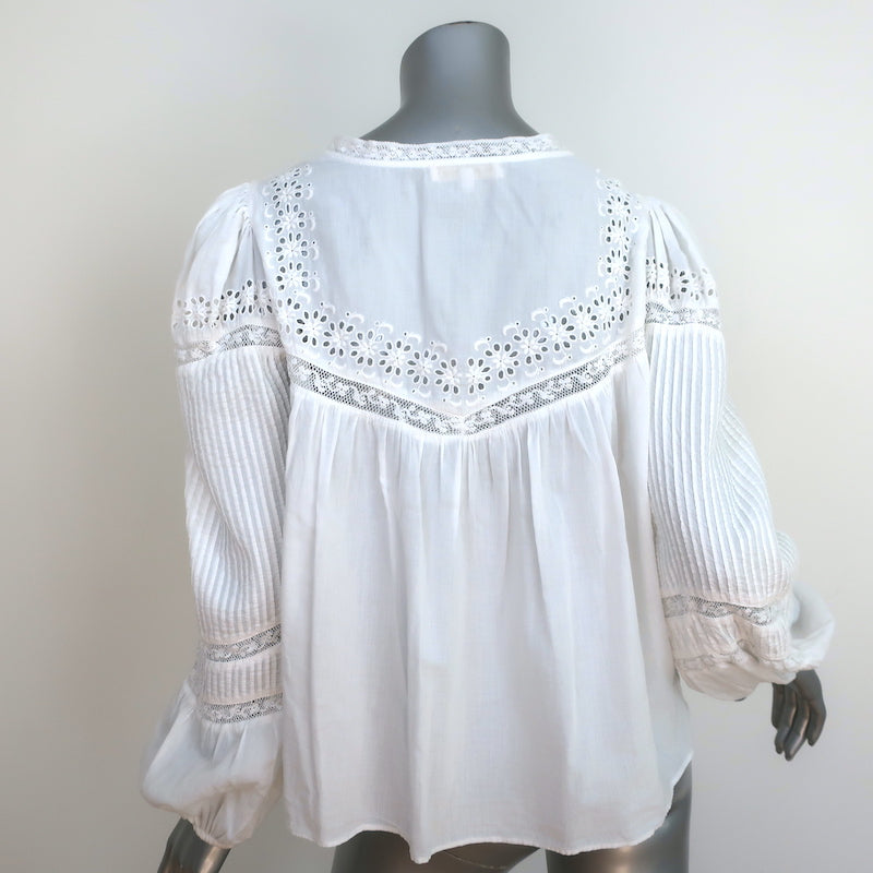 LoveShackFancy Blouse Badyn White Lace-Trim Cotton Size Medium Long Sleeve Top