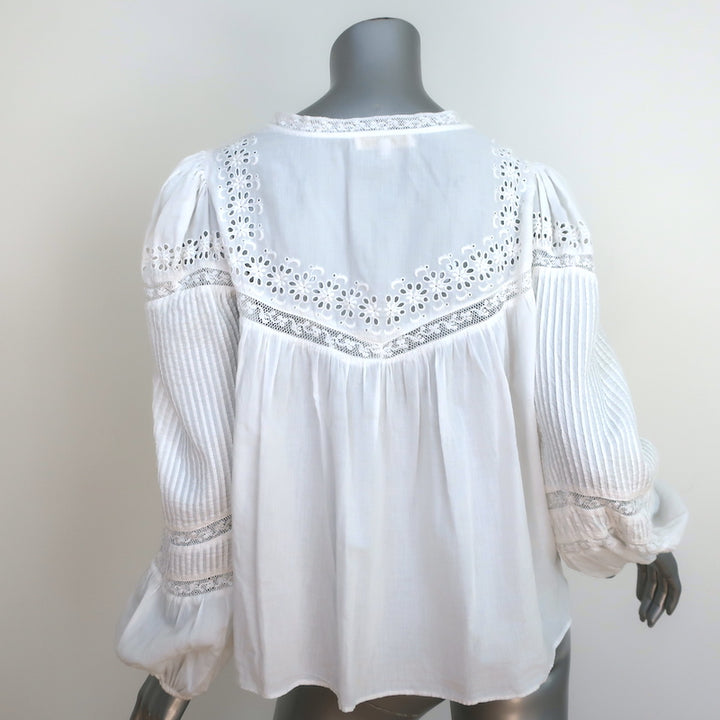 LoveShackFancy Blouse Badyn White Lace-Trim Cotton Size Medium Long Sleeve Top