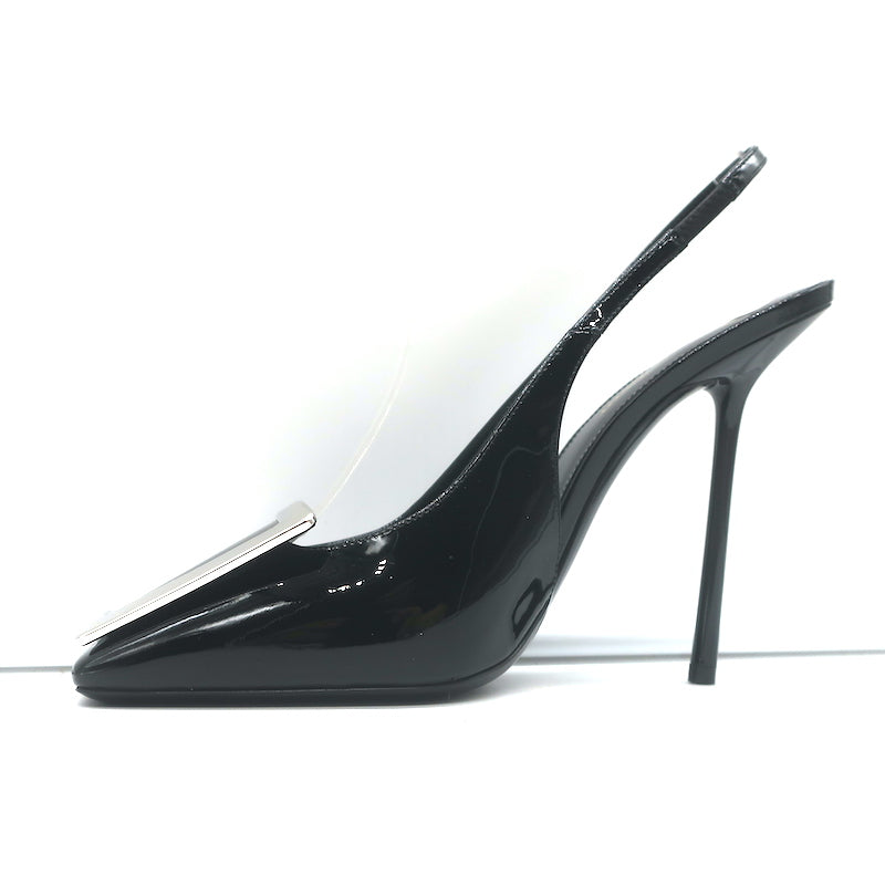 Saint Laurent Pablo Buckle Slingback Pumps Black Patent Leather Size 38.5 NEW