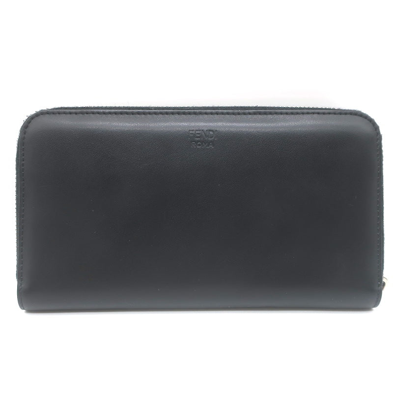 Fendi Embossed Monster Eyes Zip-Around Wallet Black Leather