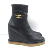 Celine Claude Wedge Ankle Boots Black Leather Size 38
