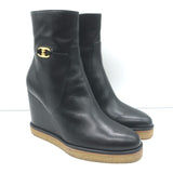 Celine Claude Wedge Ankle Boots Black Leather Size 38