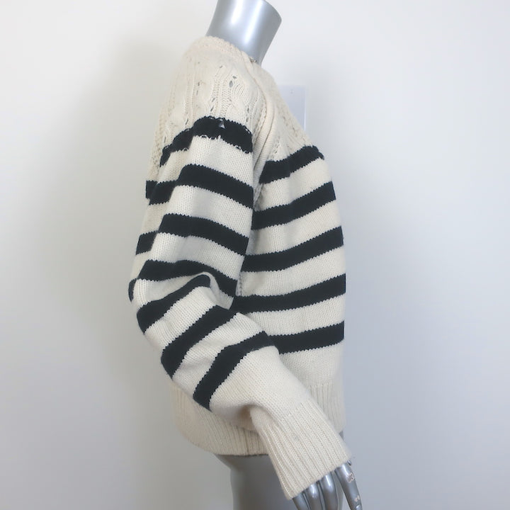 Ba&amp;sh Palo Mixed Knit Shoulder-Zip Sweater Ecru/Navy Striped Wool Size 2