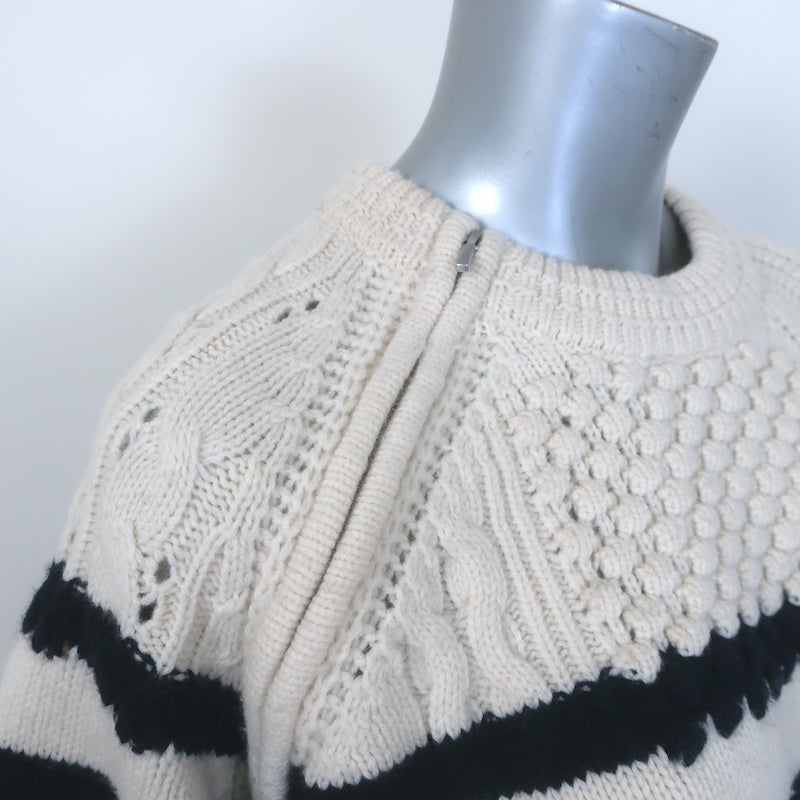 Ba&amp;sh Palo Mixed Knit Shoulder-Zip Sweater Ecru/Navy Striped Wool Size 2