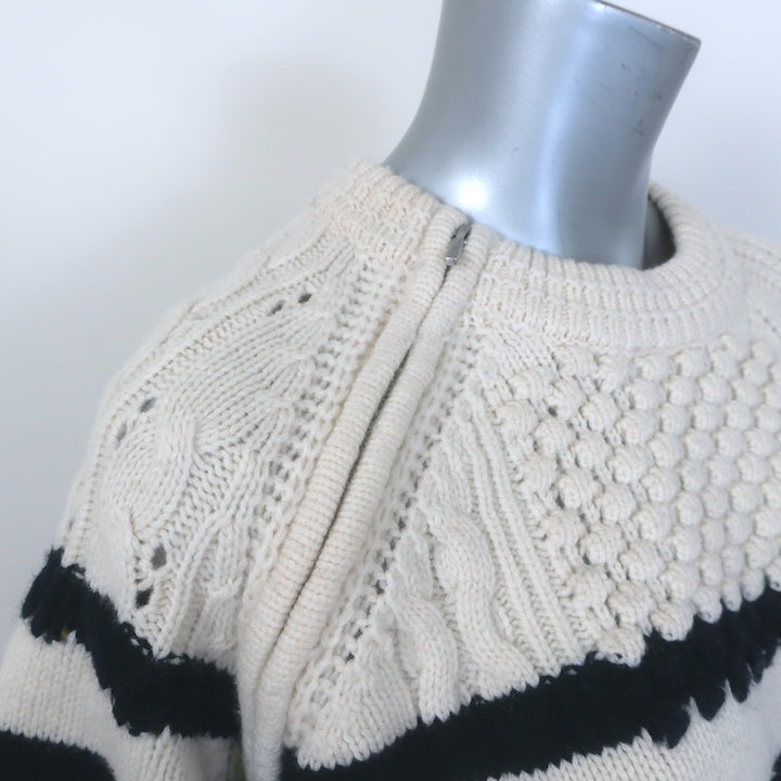 Ba&amp;sh Palo Mixed Knit Shoulder-Zip Sweater Ecru/Navy Striped Wool Size 2