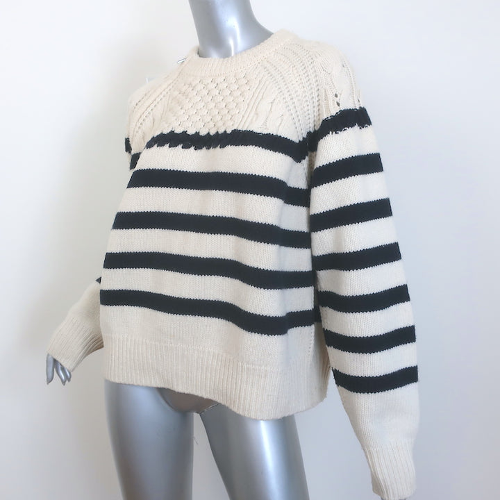 Ba&amp;sh Palo Mixed Knit Shoulder-Zip Sweater Ecru/Navy Striped Wool Size 2