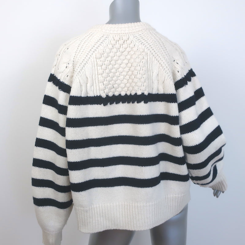 Ba&amp;sh Palo Mixed Knit Shoulder-Zip Sweater Ecru/Navy Striped Wool Size 2