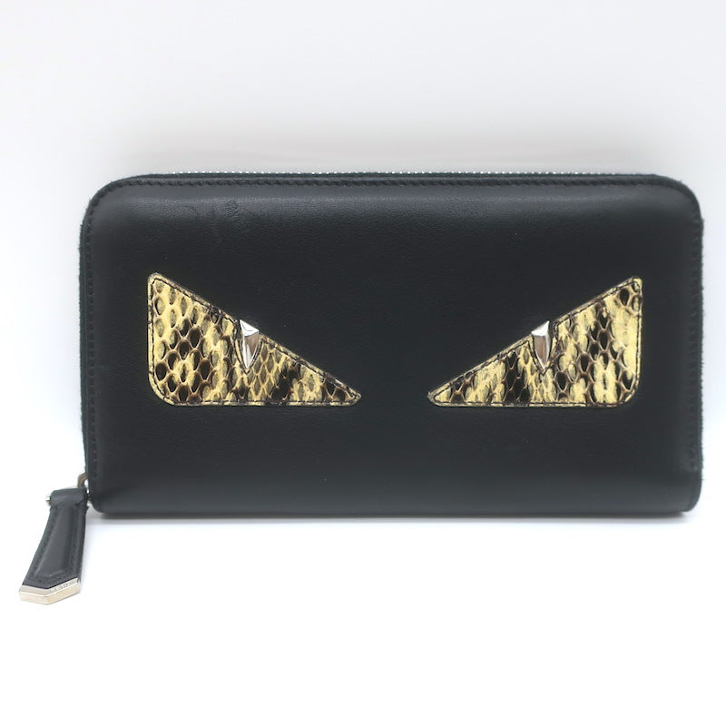 Fendi Monster Snakeskin Eyes Zip-Around Wallet Black Leather