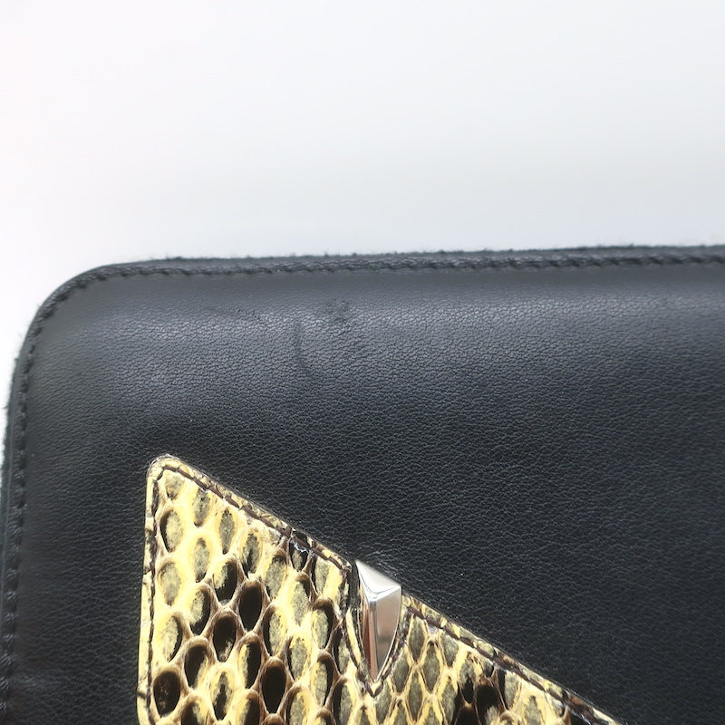 Fendi Monster Snakeskin Eyes Zip-Around Wallet Black Leather