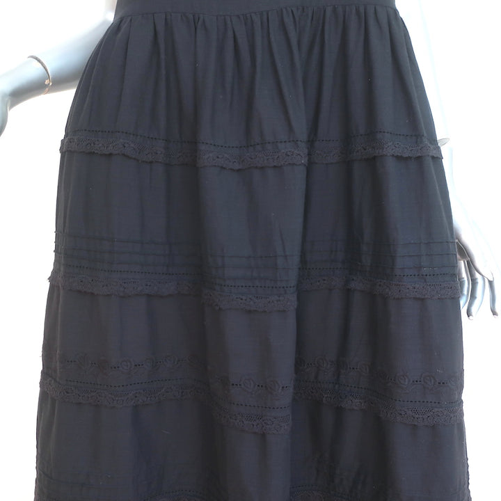 THE GREAT Tiered Maxi Dress Reverie Black Lace-Trim Cotton Size 1