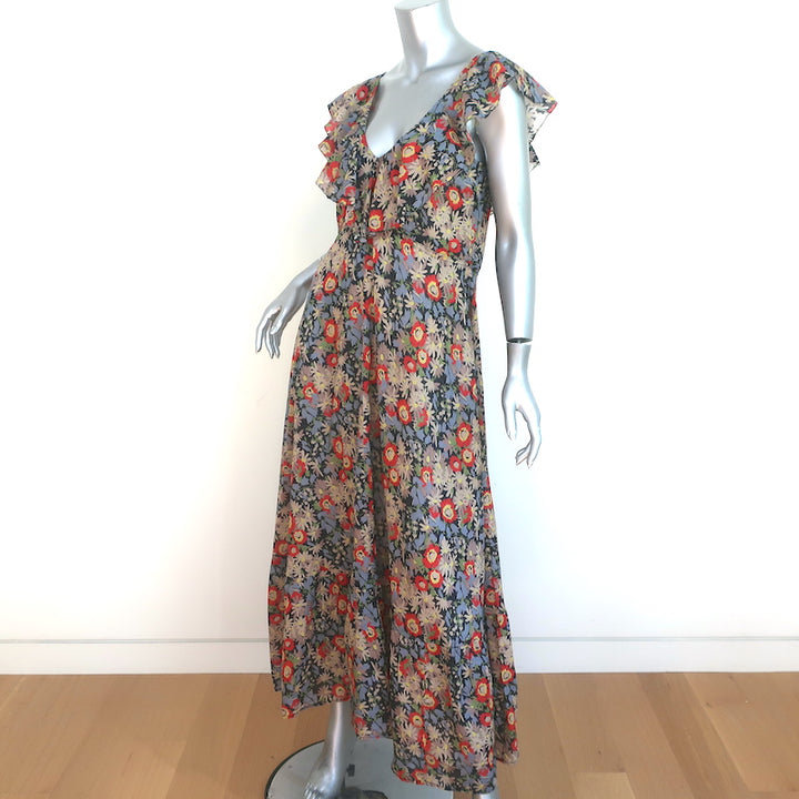 THE GREAT Sleeveless Maxi Dress Geranium Floral Print Ruffled Cotton Size 1
