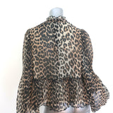 Ganni Pleated Leopard Print Top Brown Georgette Size 38 Bell Sleeve Blouse