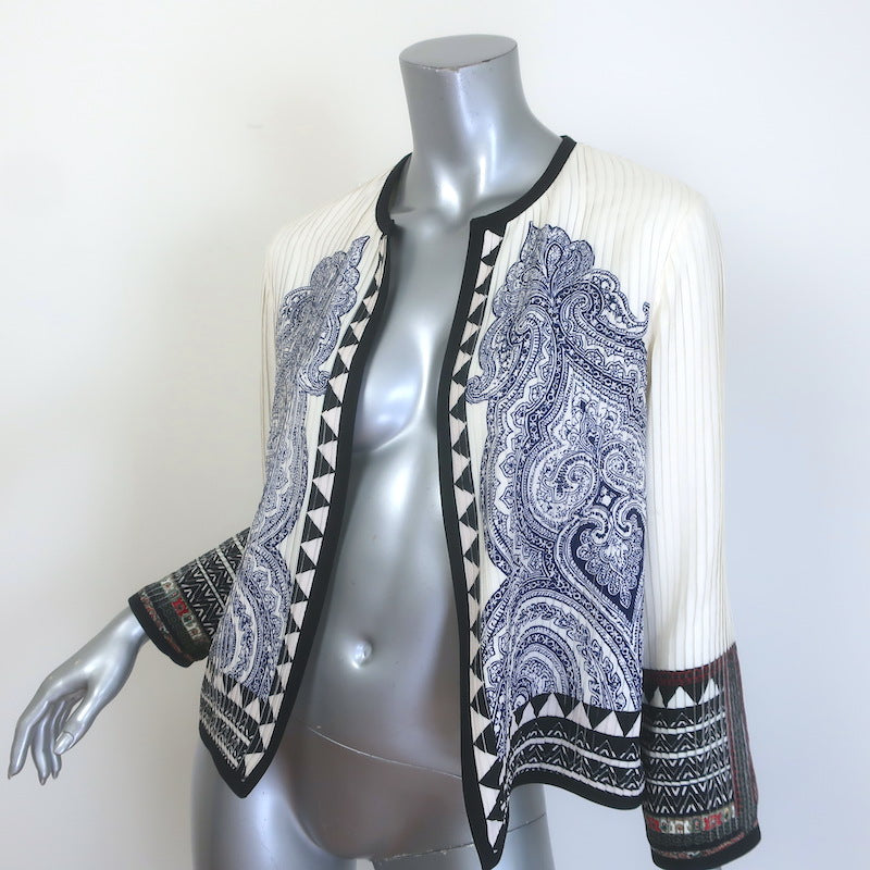 Etro Paisley Print Pleated Open-Front Jacket Cream/Navy Silk Size 42
