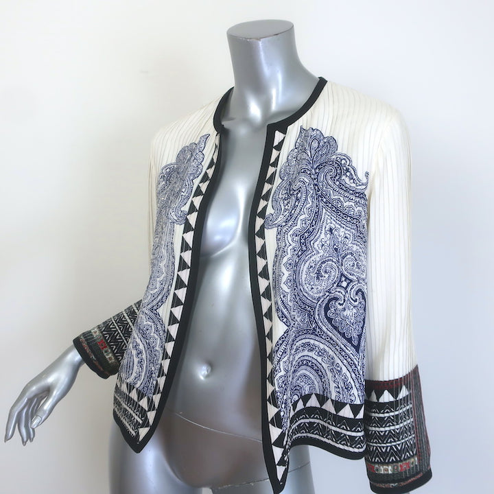 Etro Paisley Print Pleated Open-Front Jacket Cream/Navy Silk Size 42