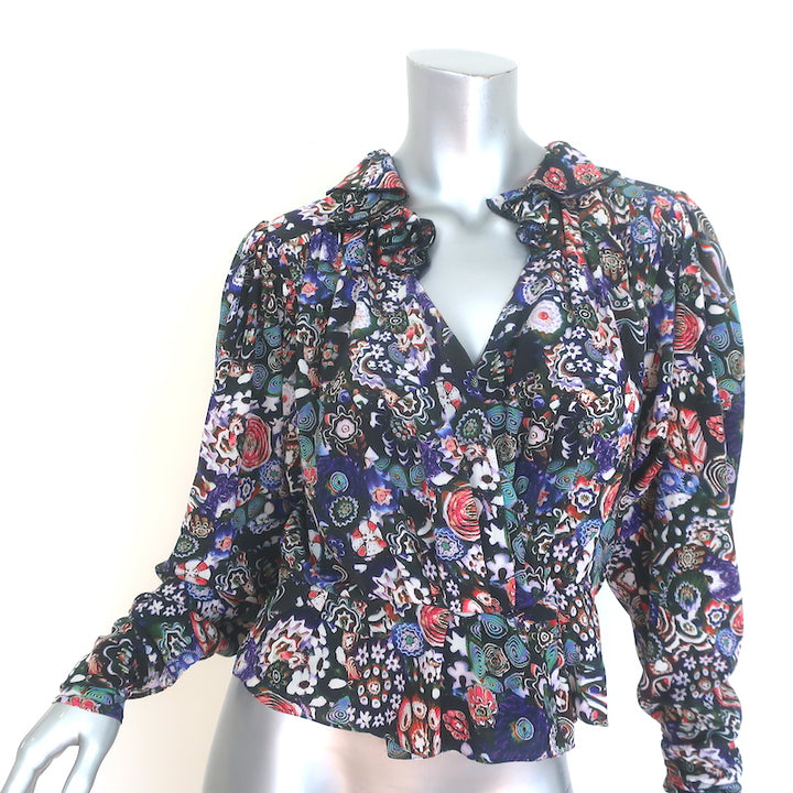 Isabel Marant Cade Ruffled V-Neck Blouse Black Printed Stretch Silk Size 38