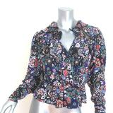 Isabel Marant Cade Ruffled V-Neck Blouse Black Printed Stretch Silk Size 38