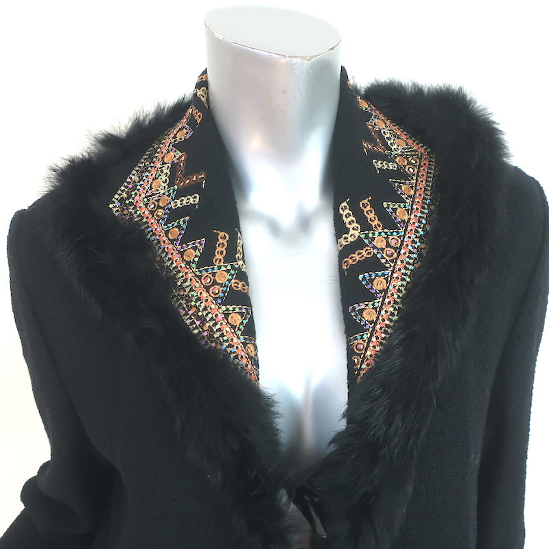St. John Jacket Black Fur-Trimmed Embroidered Knit Size Small