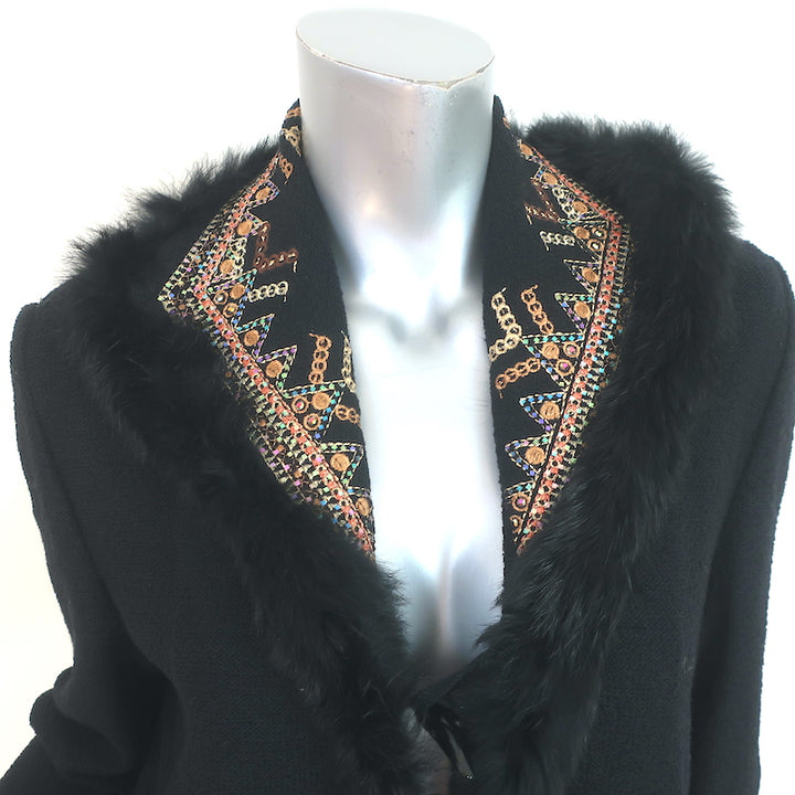 St. John Jacket Black Fur-Trimmed Embroidered Knit Size Small