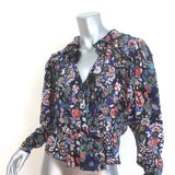 Isabel Marant Cade Ruffled V-Neck Blouse Black Printed Stretch Silk Size 38