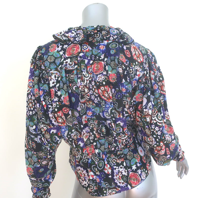 Isabel Marant Cade Ruffled V-Neck Blouse Black Printed Stretch Silk Size 38