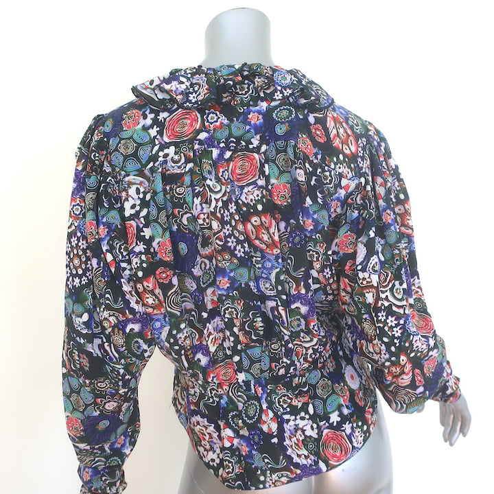 Isabel Marant Cade Ruffled V-Neck Blouse Black Printed Stretch Silk Size 38