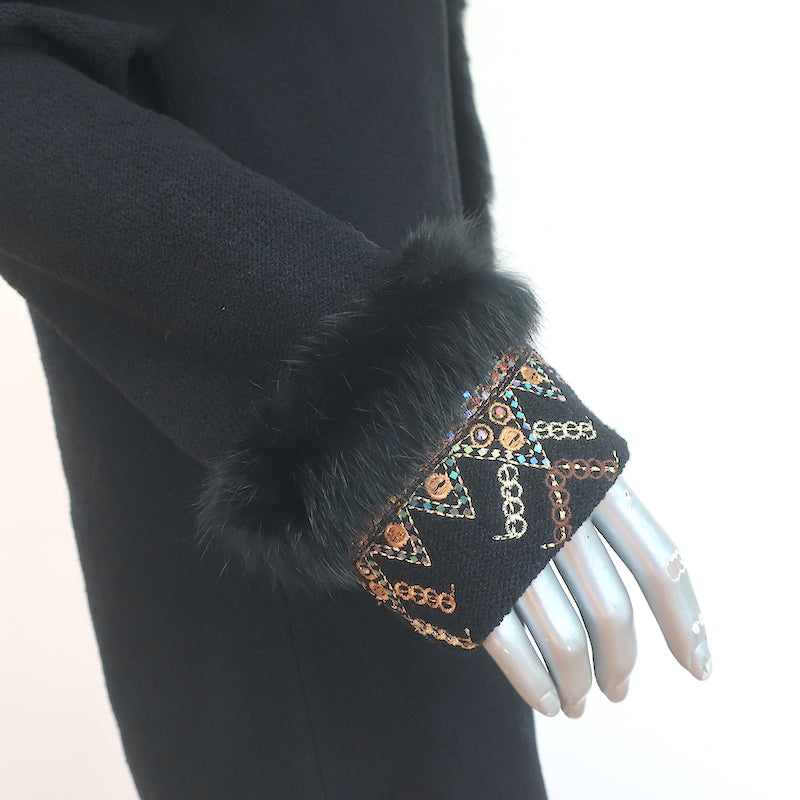 St. John Jacket Black Fur-Trimmed Embroidered Knit Size Small