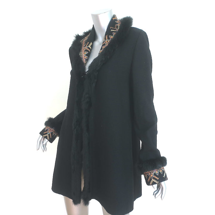 St. John Jacket Black Fur-Trimmed Embroidered Knit Size Small