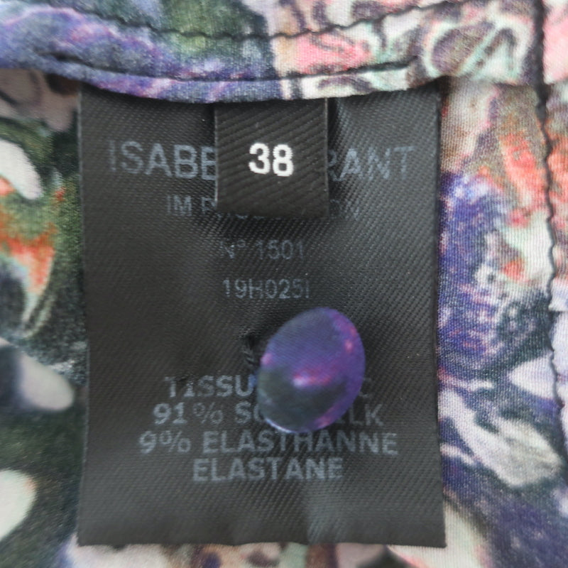 Isabel Marant Cade Ruffled V-Neck Blouse Black Printed Stretch Silk Size 38