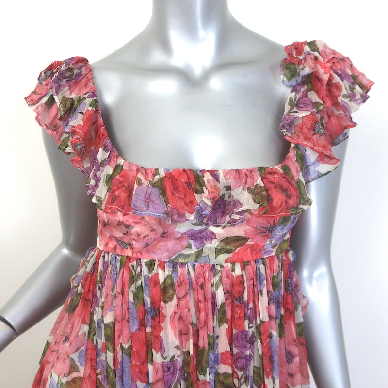 Zimmermann Poppy Frill Edge Tie-Back Midi Dress Crimson Floral Chiffon Size 1