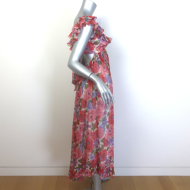 Zimmermann Poppy Frill Edge Tie-Back Midi Dress Crimson Floral Chiffon Size 1