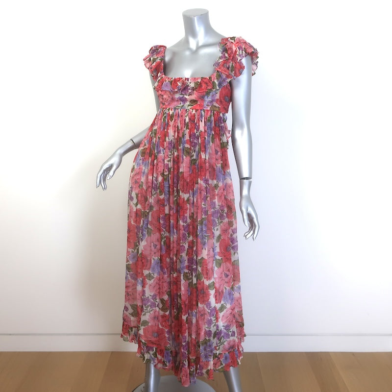 Zimmermann Poppy Frill Edge Tie-Back Midi Dress Crimson Floral Chiffon Size 1