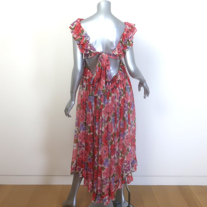 Zimmermann Poppy Frill Edge Tie-Back Midi Dress Crimson Floral Chiffon Size 1