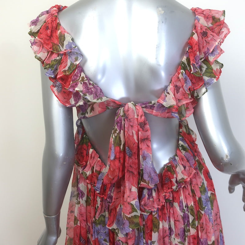 Zimmermann Poppy Frill Edge Tie-Back Midi Dress Crimson Floral Chiffon Size 1