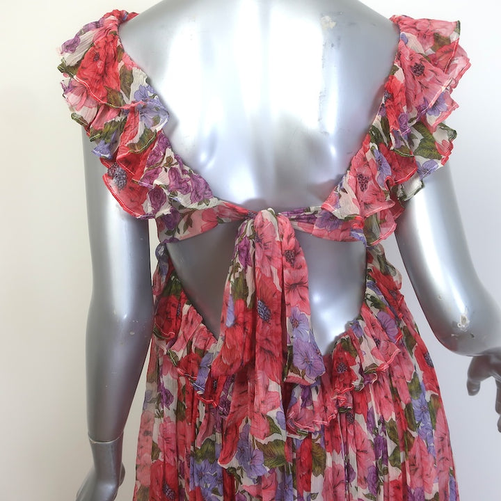 Zimmermann Poppy Frill Edge Tie-Back Midi Dress Crimson Floral Chiffon Size 1
