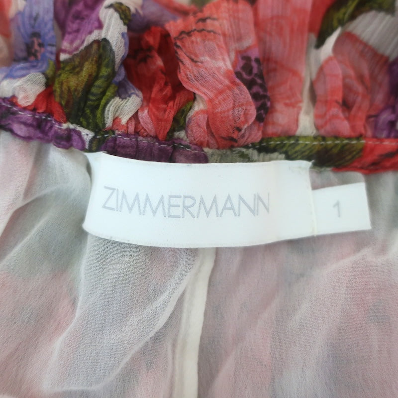 Zimmermann Poppy Frill Edge Tie-Back Midi Dress Crimson Floral Chiffon Size 1