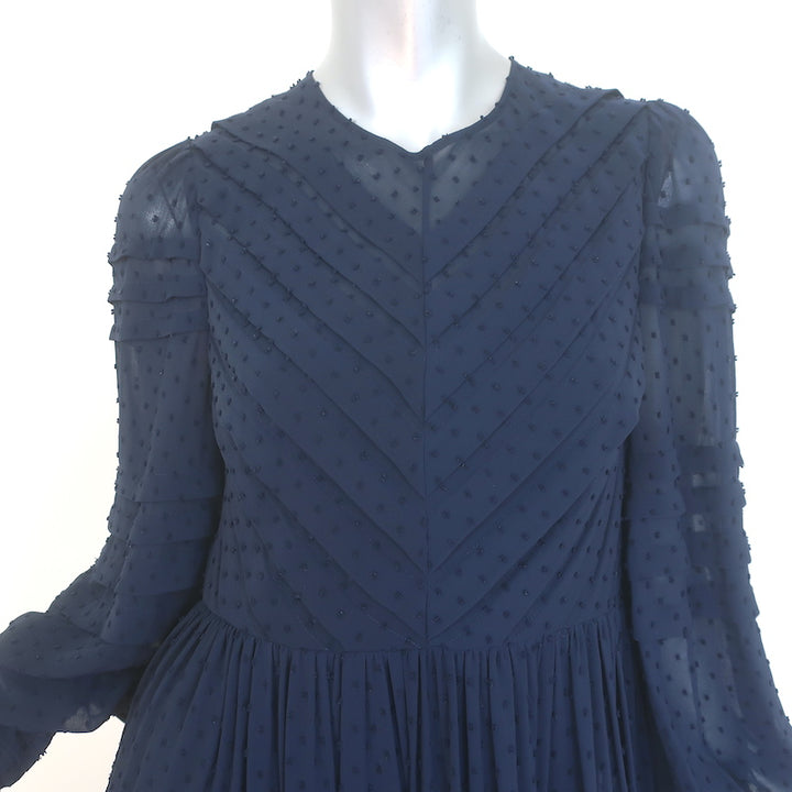 Zimmermann Swiss Dot Pleated Midi Dress Navy Georgette Size 1