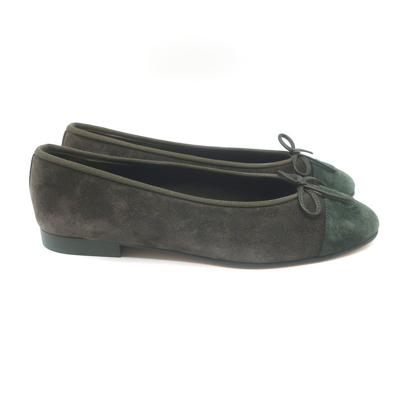 Chanel 25A CC Cap Toe Suede Ballet Flats Dark Khaki Green Size 39C NEW