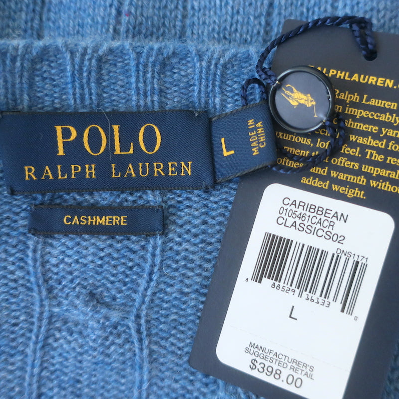 Polo Ralph Lauren Cashmere Cable Knit Sweater Caribbean Blue Size Large NEW