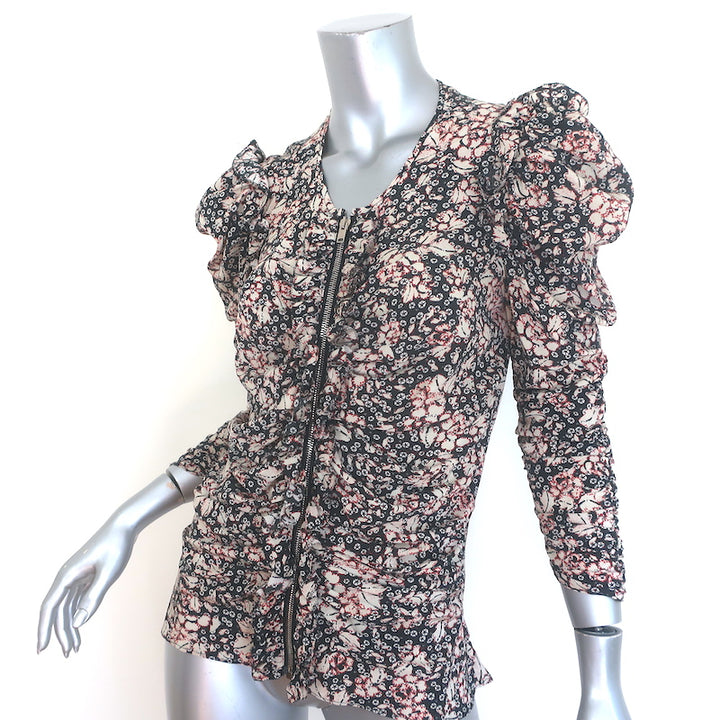 Isabel Marant Bali Ruched Zip-Front Blouse Black Printed Stretch Silk Size 40