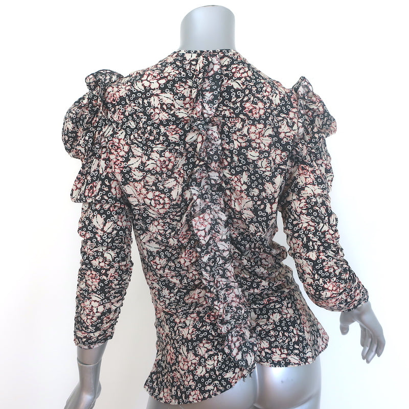 Isabel Marant Bali Ruched Zip-Front Blouse Black Printed Stretch Silk Size 40