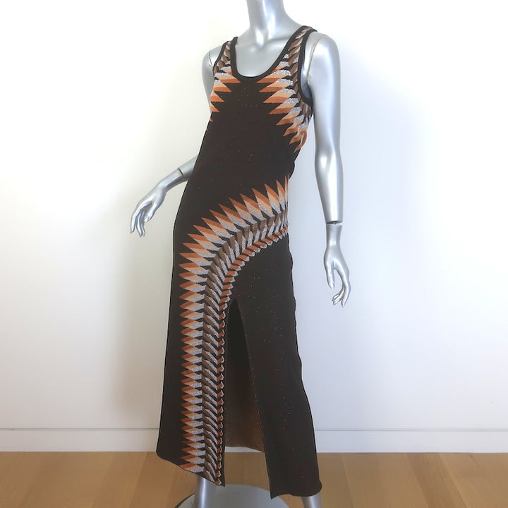 Rabanne Metallic Jacquard Maxi Tank Dress Brown Stretch Knit Size Extra Small