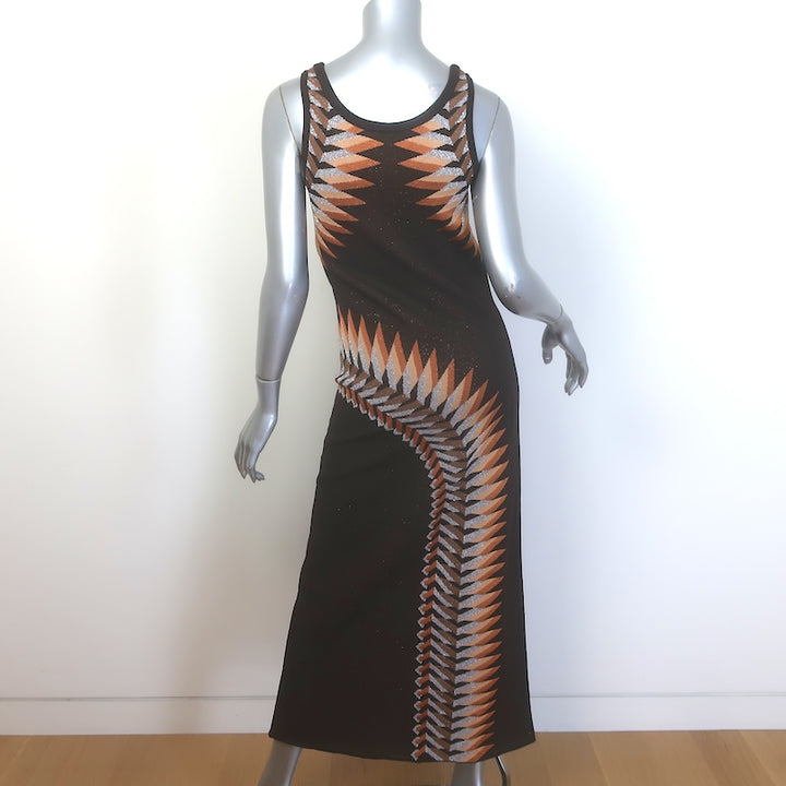 Rabanne Metallic Jacquard Maxi Tank Dress Brown Stretch Knit Size Extra Small