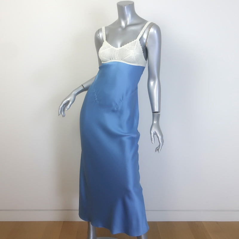 Anna October Waterlily Crochet-Bodice Midi Slip Dress Blue Satin Size Small NEW